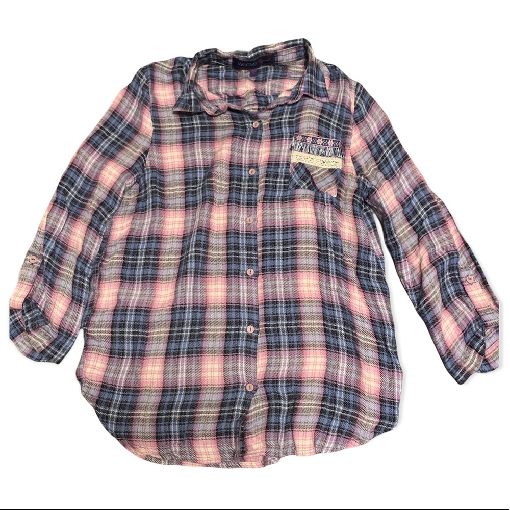 Weavers Girl | Blue & Pink Plaid 3/4 Sleeve Button Down Shirt | L
